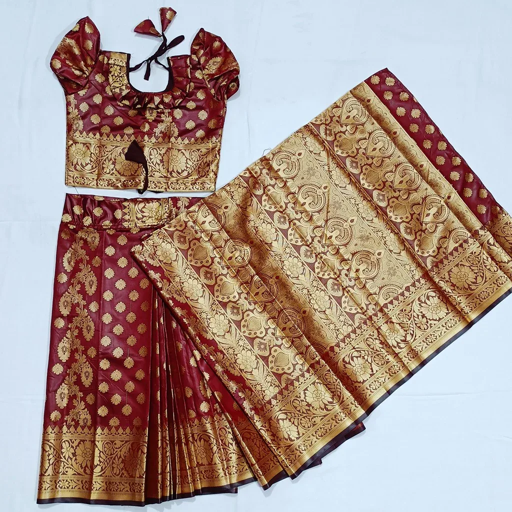 বাচ্চাদের খয়েরি লতা সফট কাতান রেডি শাড়ি - TM2