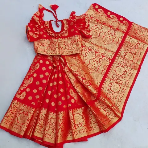 বাচ্চাদের লাল লতা কাতান রেডি শাড়ি - TM1
